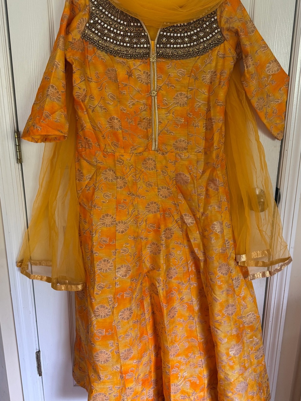 Womens Yellow Embroidered kurti with Beaded Neckline